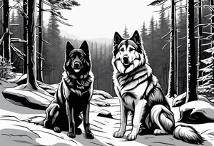 two norwegian elkhounds guarding a dark forest make the forest in the background tattoo idea