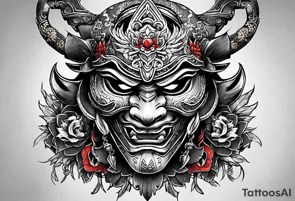 hanya mask on the shoulder, mask from ghost of Tsushima, hanya mask with three eyes, mask symbol of freedom and calmness tattoo idea