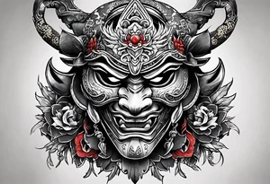 hanya mask on the shoulder, mask from ghost of Tsushima, hanya mask with three eyes, mask symbol of freedom and calmness tattoo idea