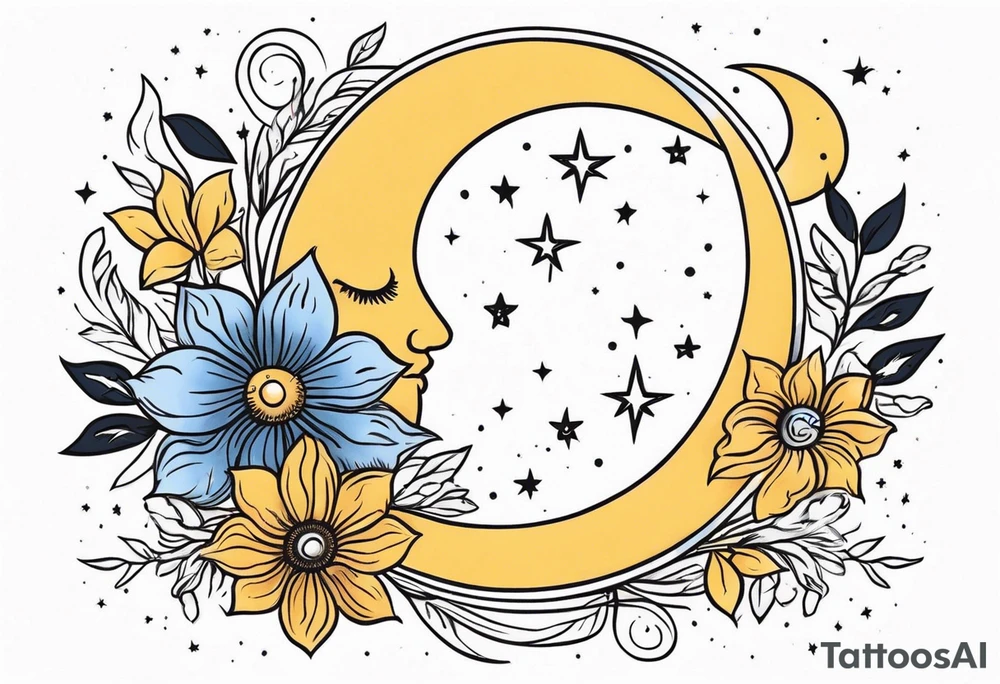 Western floral with sun stars and moon. Mirrored with swirls and dots tattoo idea