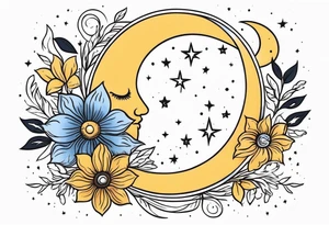Western floral with sun stars and moon. Mirrored with swirls and dots tattoo idea