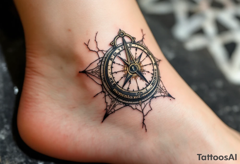 A cracked sundial in old bronze hues, casting a shadow over the words "memento mori" in distressed serif type. tattoo idea