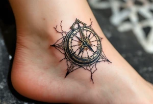 A cracked sundial in old bronze hues, casting a shadow over the words "memento mori" in distressed serif type. tattoo idea