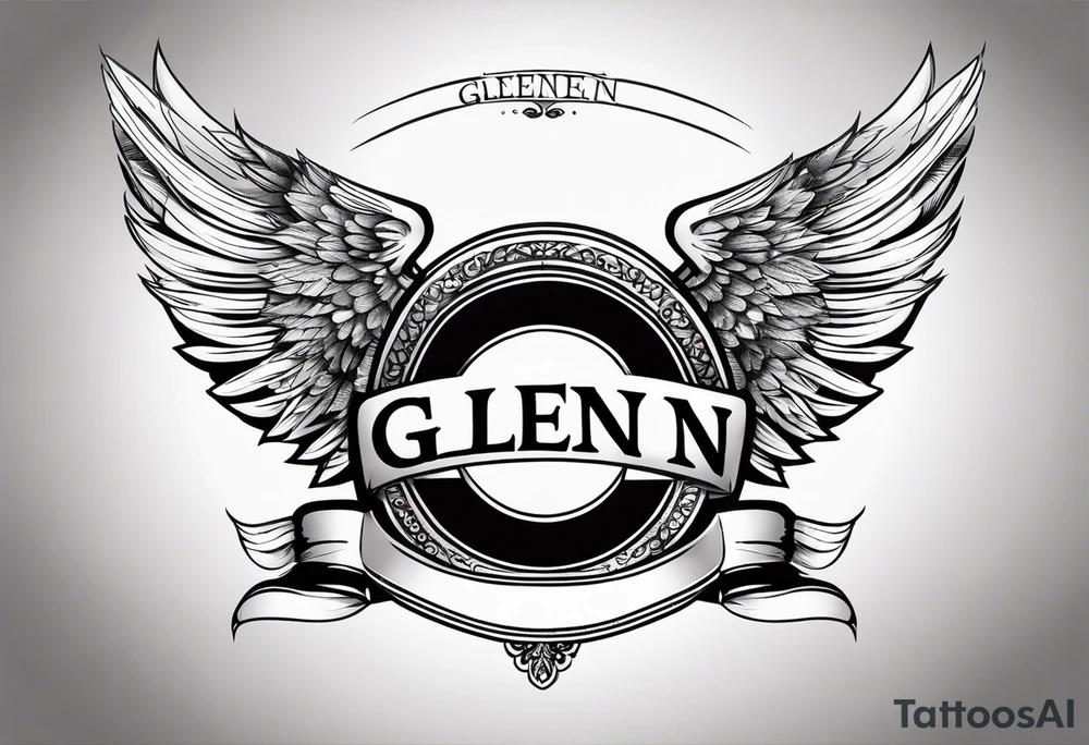 A simple tattoo with the word Glenn on a banner with angel Wings tattoo idea
