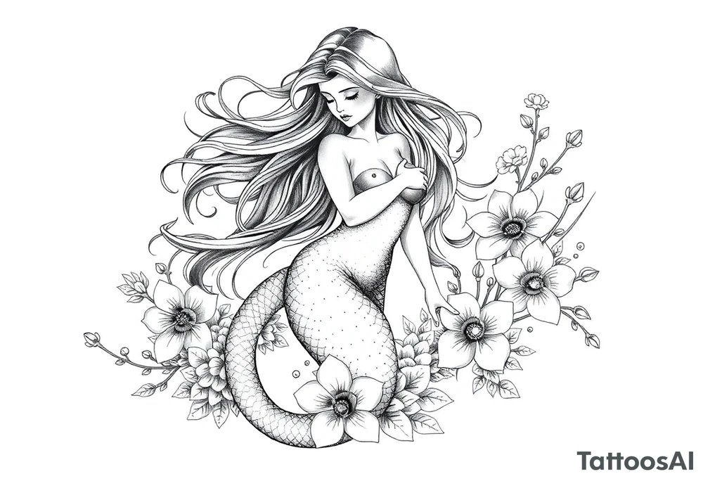 ethereal mermaid with flowing hair among coral and sea flowers tattoo idea