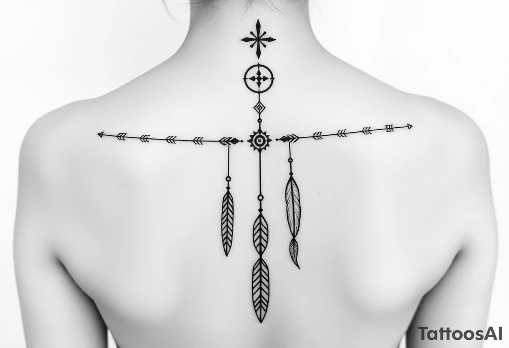 Thin vertical memorial chain of symbols symbolizing loss, a brother and sister bond, and strength in a native ornament style following down the spine in with 3 vertical different lengths flowing lines made of a discreet connection of morse code ".--- .- --.     .-.. ... -.- .- .-.   -.. .. --.     .-.. .. .-.. .-.. . -... .-. --- .-. forming 3 arrow shapes connected to 3 flowing feathers hanging from the end of the morse code lines tattoo idea