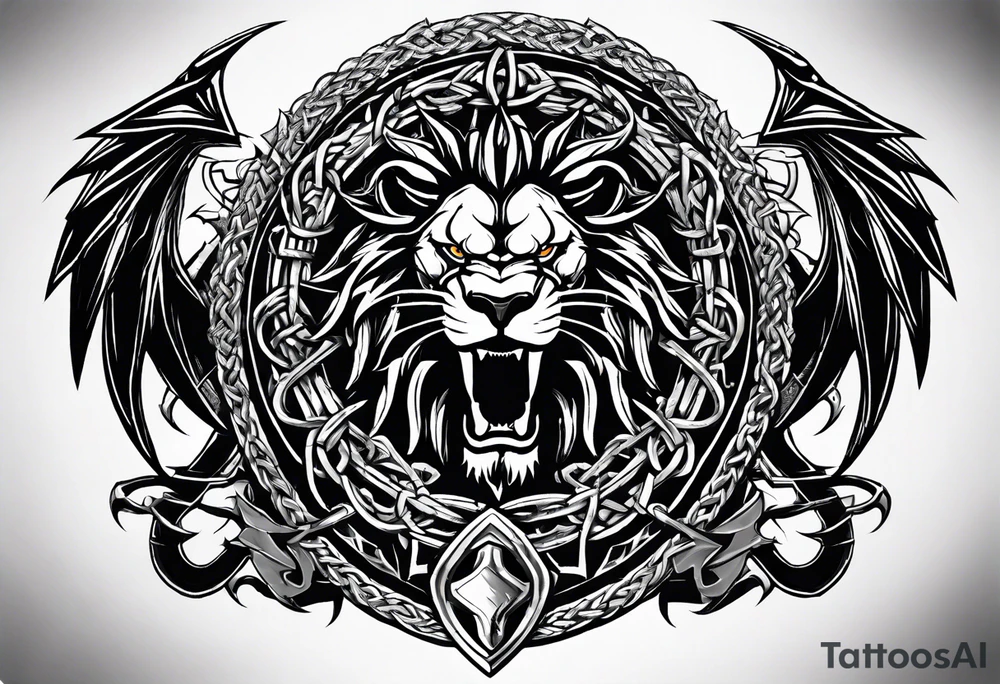 Valhalla sword shield dragon axe Valknut barbed wire chains lion tattoo idea Valhalla sword shield dragon axe Valknut barbed wire chains lion tattoo idea