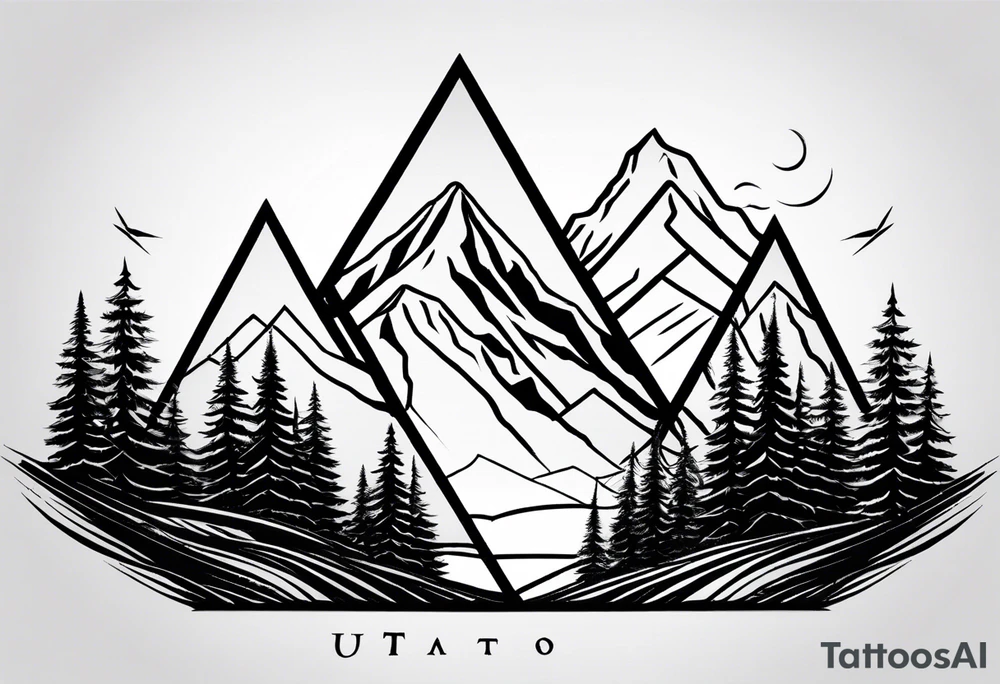 Black line tattoo with three different sizes triangles forming a mountain range with three trees tattoo idea