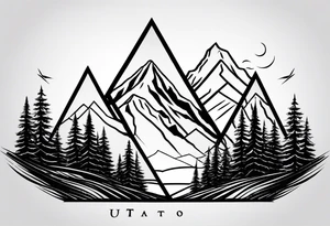 Black line tattoo with three different sizes triangles forming a mountain range with three trees tattoo idea