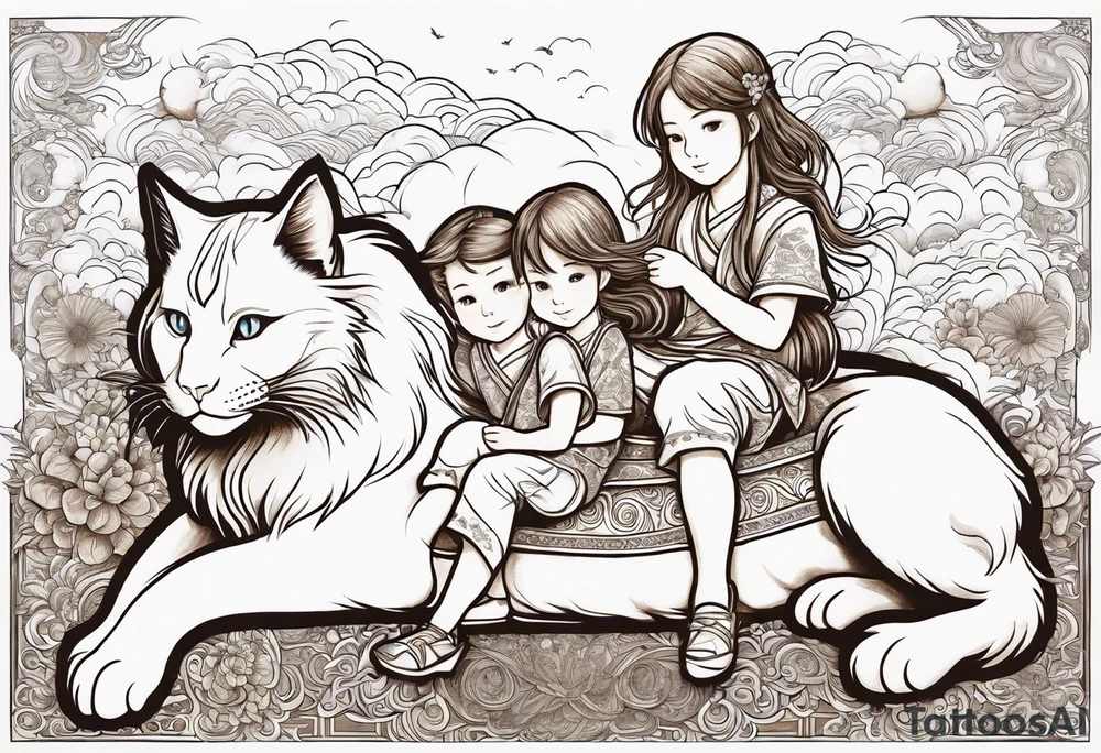 a thin blond boy with long hair and blue eyes of about 10 years old accompanied by two six-year-old twins, one a little chubby, with brown hair down to her shoulders, the three of them riding on a giant white cat tattoo idea