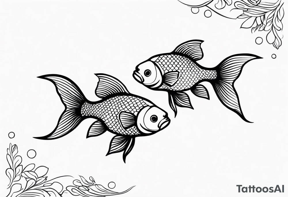 Design a small tattoo featuring a pair of goldfish intertwined, symbolizing harmony and companionship in a flowing design tattoo idea