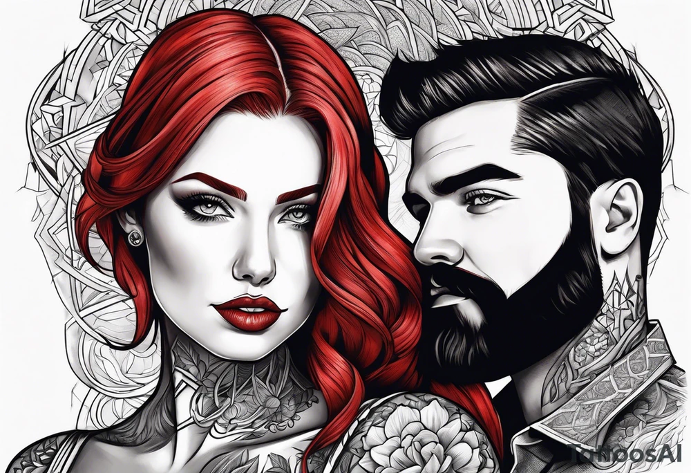 Busty Red haired woman with black haired bearded man tattoo idea