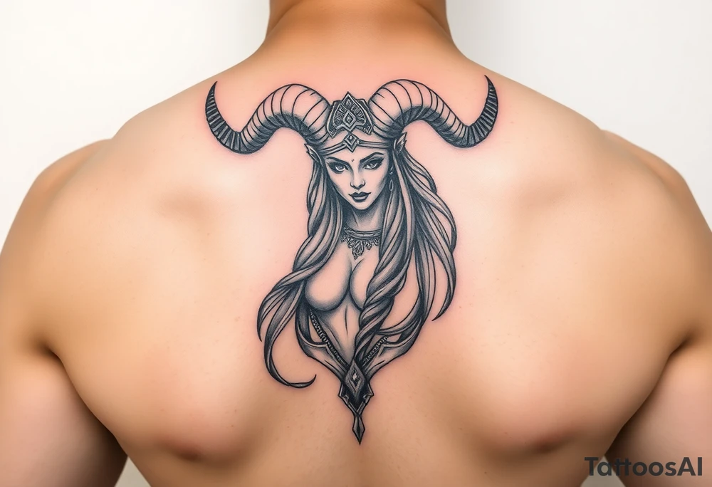 Powerful goddess being, with long ram like horns tattoo idea