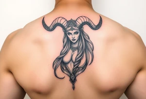 Powerful goddess being, with long ram like horns tattoo idea