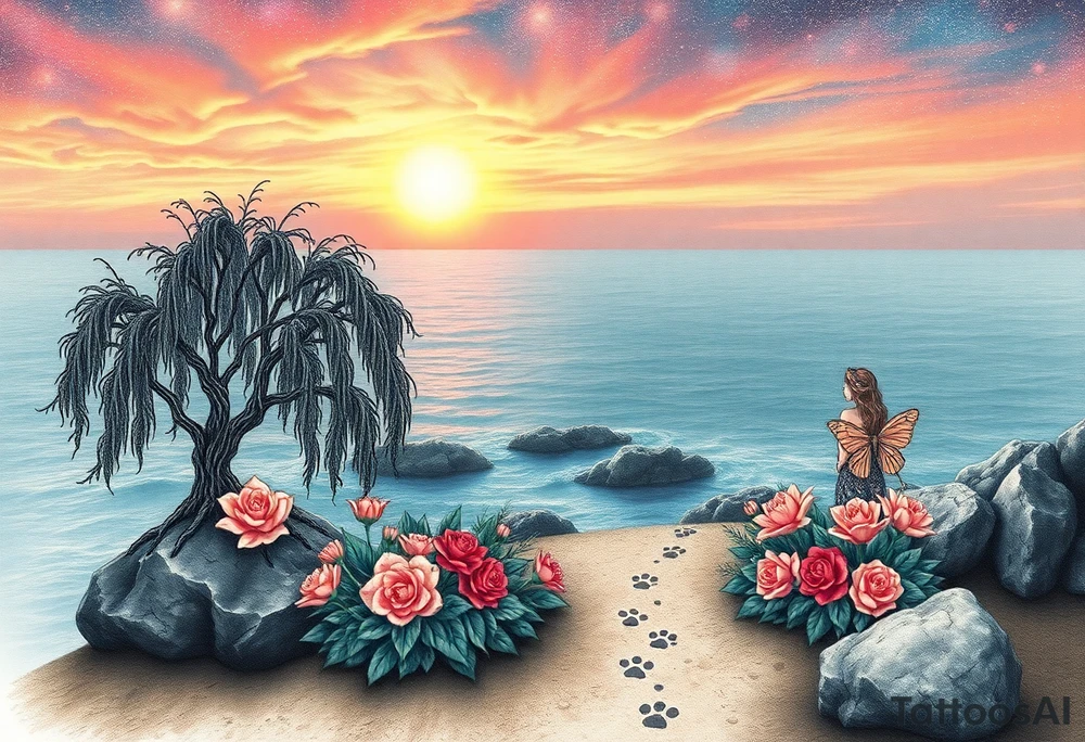 Sunset galaxy. Rocky Dark Ocean.  fairies, siren, dragons  weeping willow garden with roses and lilies flower beds,,  cat paw prints path in dirt. tattoo idea