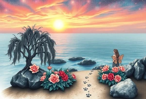 Sunset galaxy. Rocky Dark Ocean.  fairies, siren, dragons  weeping willow garden with roses and lilies flower beds,,  cat paw prints path in dirt. tattoo idea