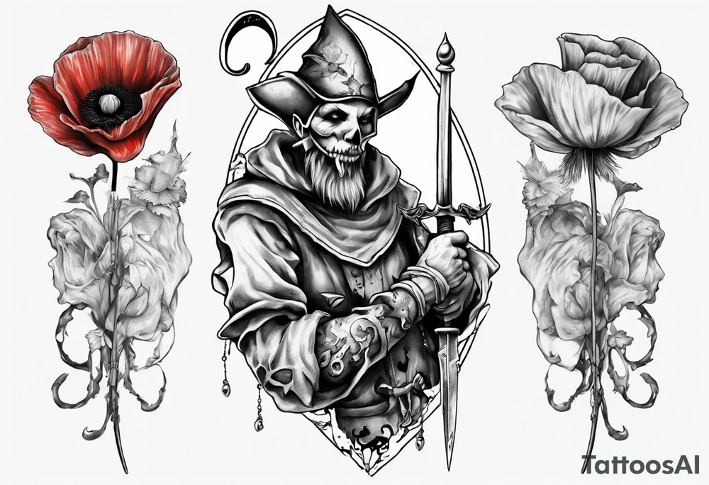 Jester holding sword and poppy incorporate number 823 tattoo idea