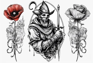 Jester holding sword and poppy incorporate number 823 tattoo idea