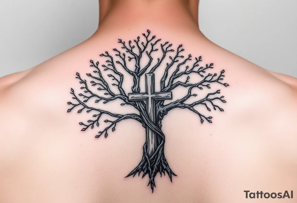 tree of life with the cross inside and some of the branches wrapping around it tattoo idea