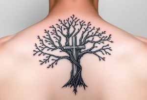 tree of life with the cross inside and some of the branches wrapping around it tattoo idea