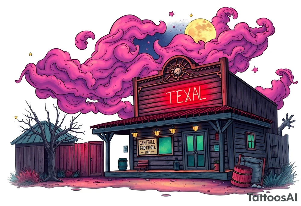 Tim Burton’s old western cowboy texas brothel r from outside view is the street abandoned and dripping with muted reds, dusty pinks, and eerie green glow purple and cyan smokey clouds swirl and dance in the moonlit night sky filled with twinkling stars  tattoo idea tattoo idea