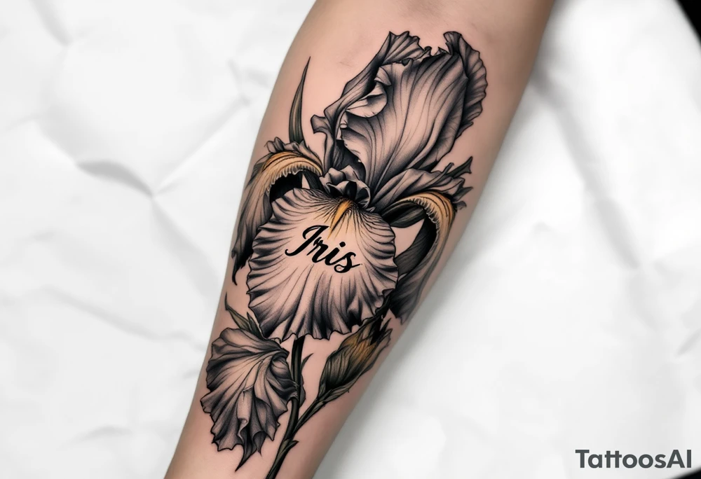 big iris flower with the name “IRIS” written in the stem of the flower in cursive on the outside of the forearm tattoo idea