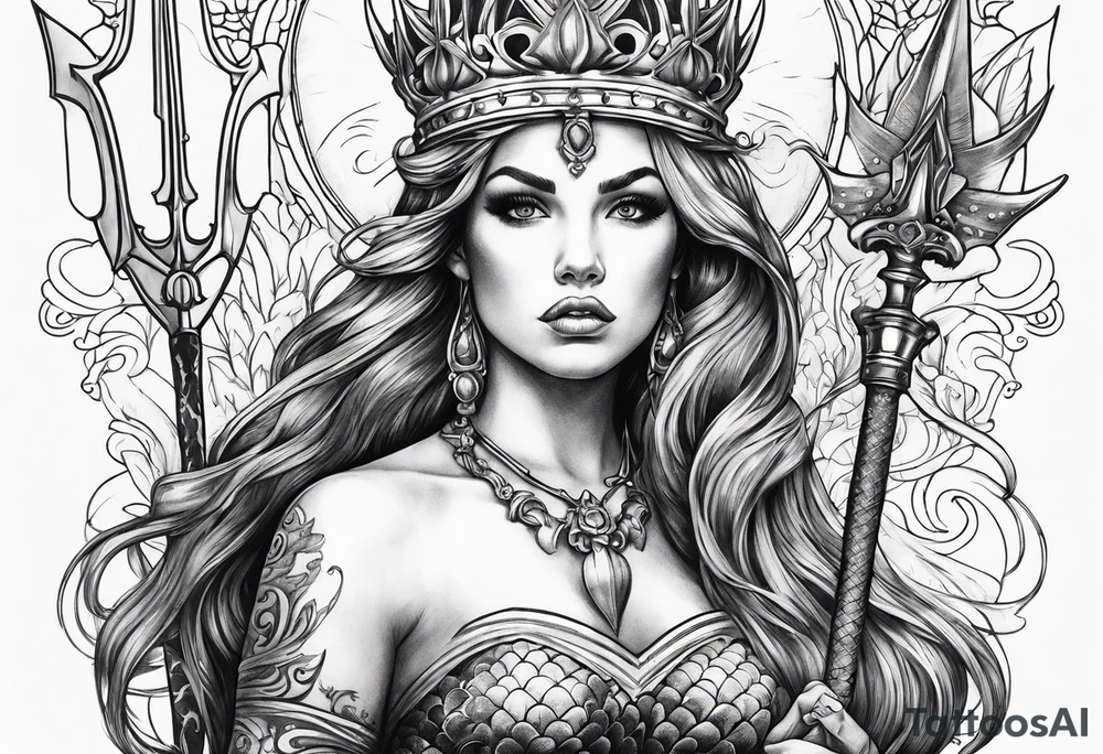 Mermaid full body holding a trident and wearing a crown tattoo idea