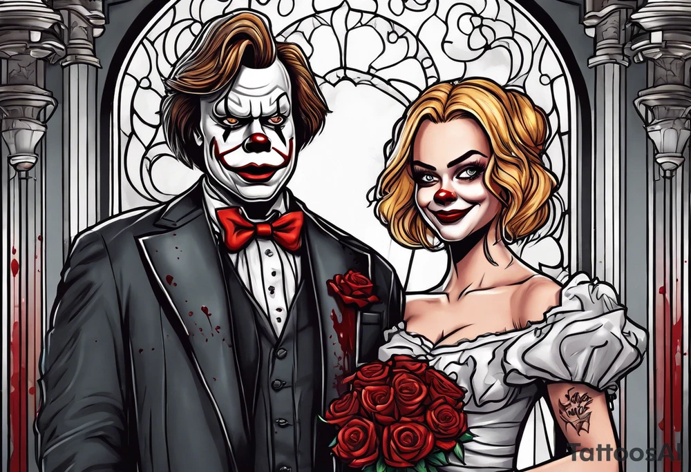 cartoony with Stephen king’s blond Carrie in a prom dress covered in blood looking happy standing next to Stephen king’s pennywise in a 70s prom suit looking happy standing together in a prom photo pose tattoo idea
