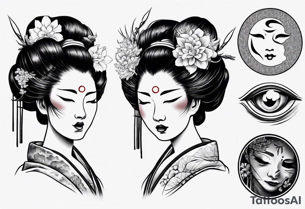 geisha face with two eyes closed and third realistic eye open tattoo idea