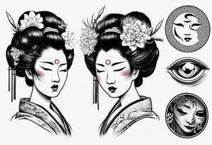 geisha face with two eyes closed and third realistic eye open tattoo idea