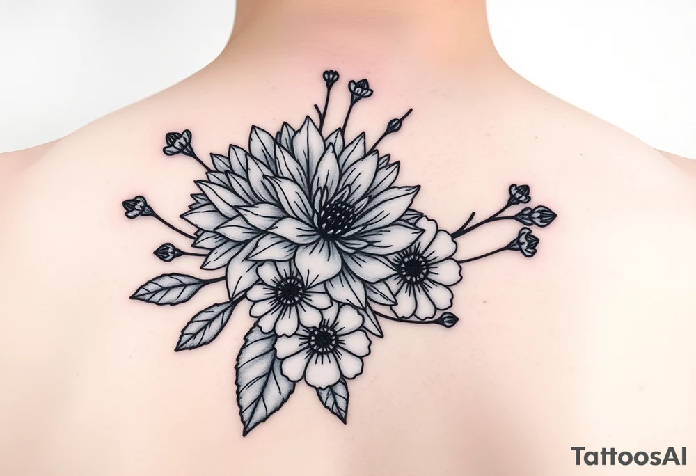 Chrysanthemum , Snow drops, roses, marigold, bouquet of flowers, fine line, realism tattoo idea