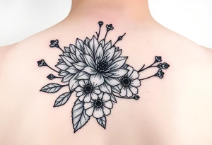 Chrysanthemum , Snow drops, roses, marigold, bouquet of flowers, fine line, realism tattoo idea