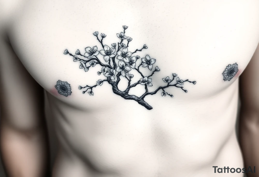 Cherry blossom tree in oblique abdomen tattoo idea
