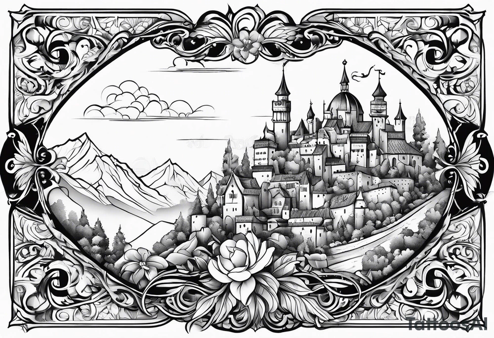 medieval tribal city floral land vignette tattoo idea
