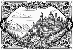 medieval tribal city floral  land  vignette tattoo idea