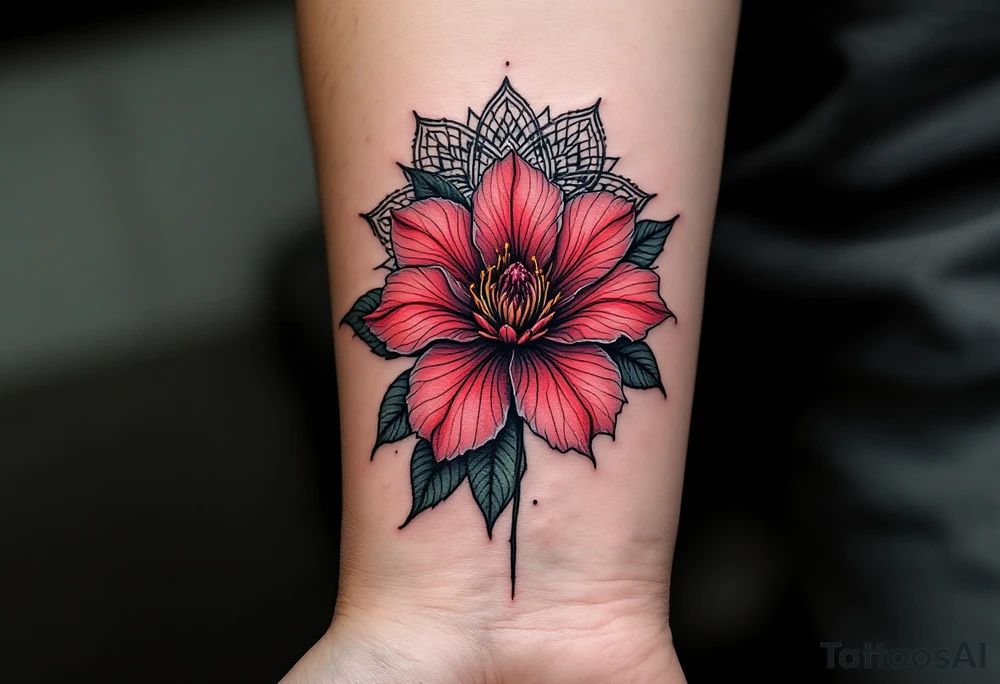 red  and black rhododendron trippy with mandala behind tattoo idea
