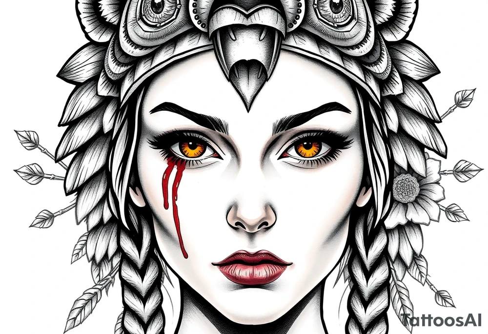 Young Symmetrical Beautiful Woman, looking forward, with colored eyes, shedding a tear, with battle scars and blood on face, with soft look, wearing a mean looking bear headdress on head, with dead flower background tattoo idea