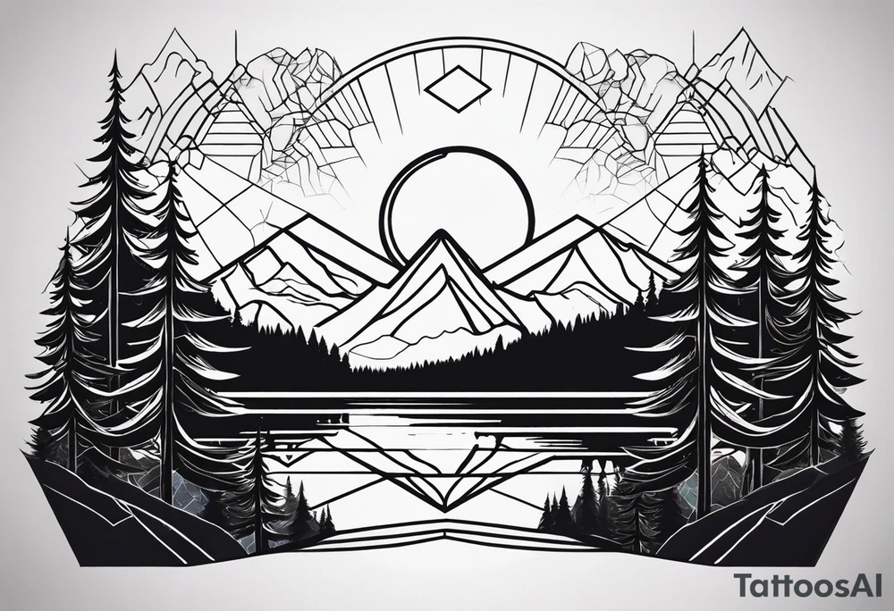 Geometric nature tattoo with moutains, lake, forest, and a moon. Tattoo needs to be the size of the entire forearm, please. tattoo idea