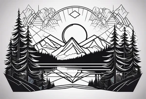 Geometric nature tattoo with moutains, lake, forest, and a moon. Tattoo needs to be the size of the entire forearm, please. tattoo idea