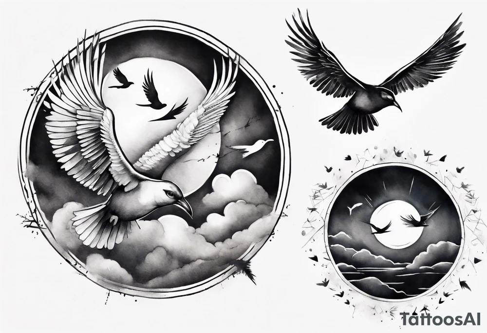 shoulder tattoo with light rays with birds flying free among the clouds, round shape, 3d effect tattoo idea shoulder tattoo with light rays with birds flying free among the clouds, round shape, 3d effect tattoo idea