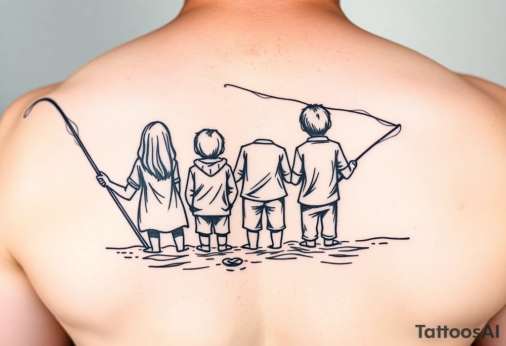 Dad fishing with 3 kids 
1Daughter and 2 sons tattoo idea