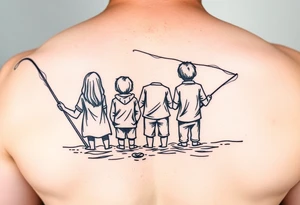 Dad fishing with 3 kids 
1Daughter and 2 sons tattoo idea