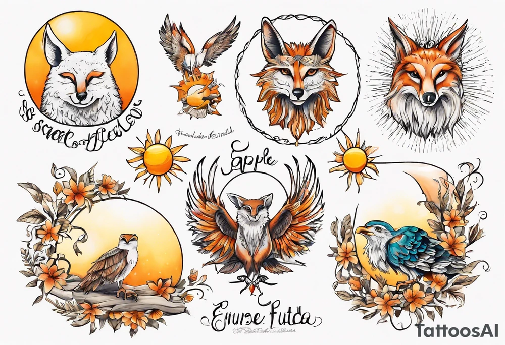 Fuchs und Eule unter der Sonne mit dem Schriftzug Sapere Aude tattoo idea