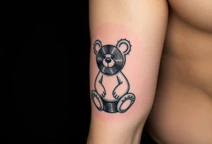 minimalist teddy bear with vinyl records as eyes smiling and sitting on a record tattoo idea