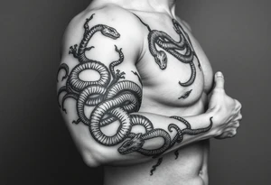 A big vine that splits wrapping around my arm with snakes climbing up it tattoo idea