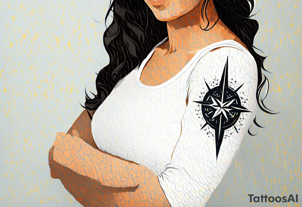 complete upper arm sleeve. Feature three mountain side by side, with 3 stars above them from a court of thorns and roses. Emphasize crossed swords, integrating with abstract, sword patterns that evoke the Valkyrie spirit like nesta from a court of silver flames. Keep the design in clean, simple lines. tattoo idea