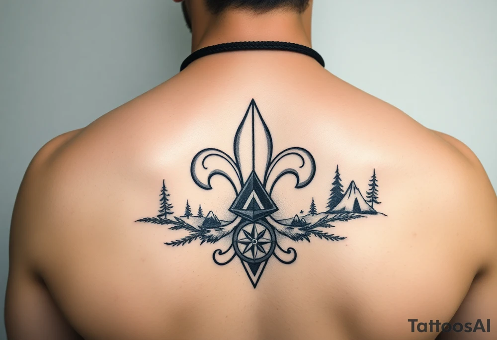 Scouting, camping, nature, fleur de lis, necker, tent, mountain, compass

Black and white or watercolor tattoo idea