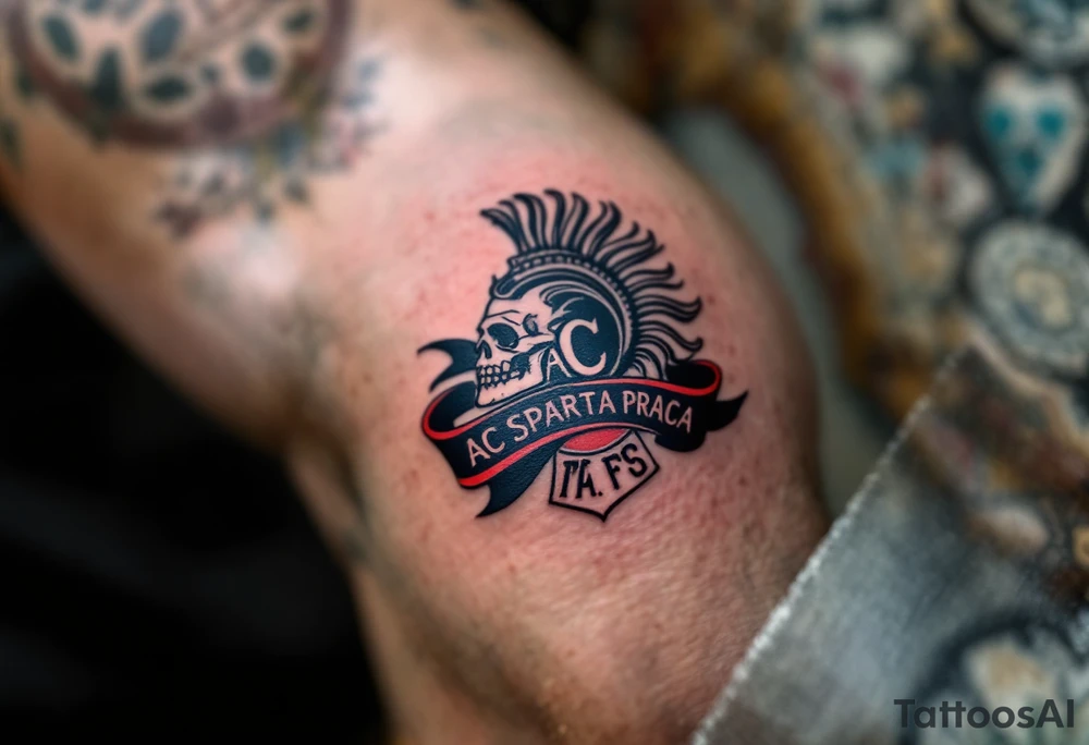 An AC Sparta Praha crest wrapped in a black-and-maroon ribbon, etched on the upper arm. tattoo idea