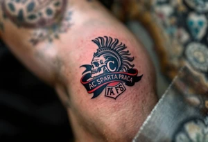 An AC Sparta Praha crest wrapped in a black-and-maroon ribbon, etched on the upper arm. tattoo idea