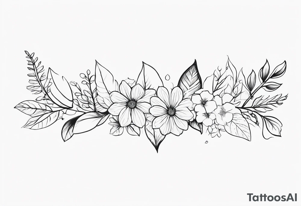line of leaves and flowers, wraparound long tattoo idea